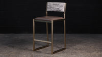 SHAKER COUNTER STOOL IN DULL CHAMPAGNE, LIGHT GREY BRINDLE, SMOKEY LEATHER & OXIDIZED MAPLE