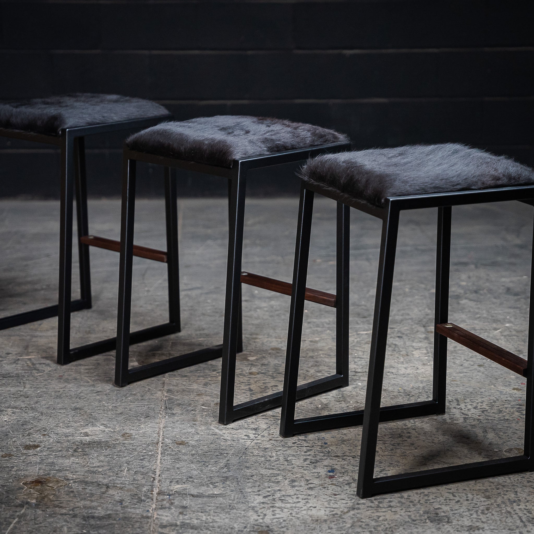 Shaker Backless Stool - Black Cowhide & Walnut